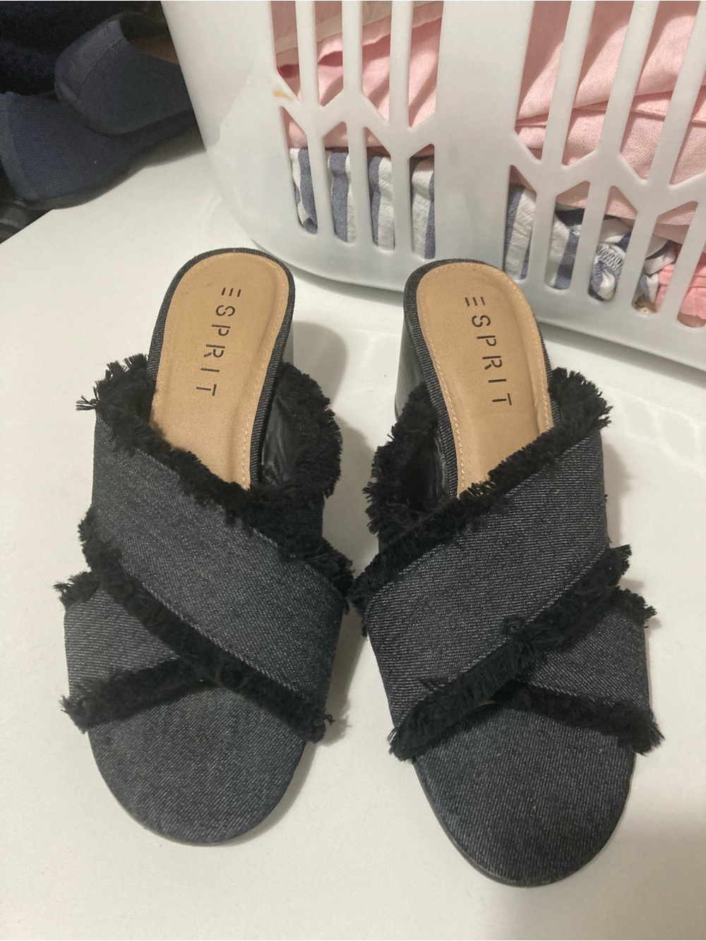 Esprit Black Frayed Crossband Slide Sandals